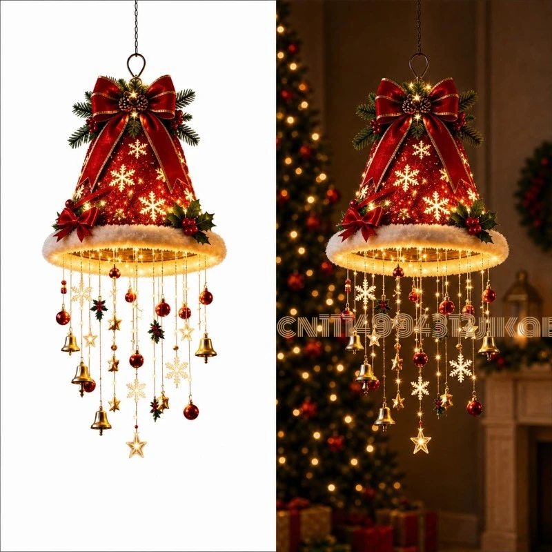 Lighting Christmas Decor - ライト付きのサンタ帽型シャンデリア。屋内・屋外で使用できるクリスマスデコレーション。温かみのあるLEDクリスマスイルミネーションライトと、お祝いの雰囲気を高めるタッセル付き。