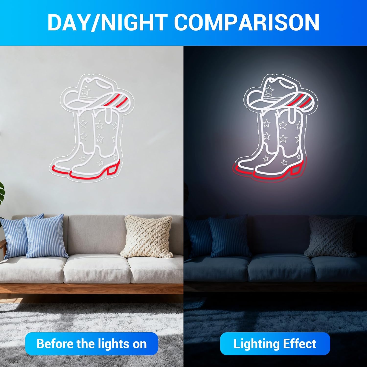 カウボーイブーツと帽子のLEDネオンサイン。USB電源で点灯 - Lighting Decoration Ideas のレビューと価格